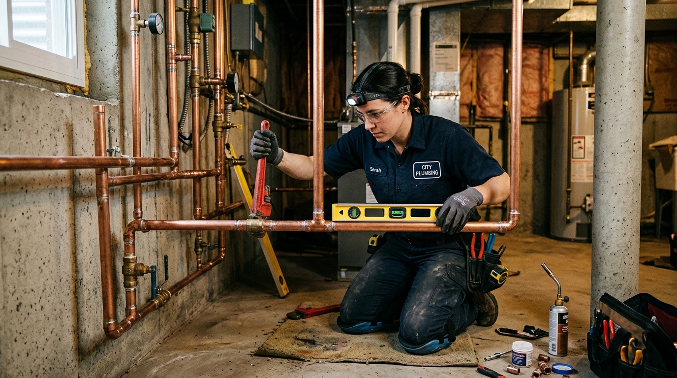 Plumber Pros US specialist installing and testing copper water line connections